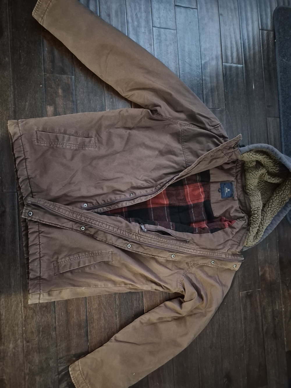Roark Brown Hooded Field Jacket with Red Plaid Lining